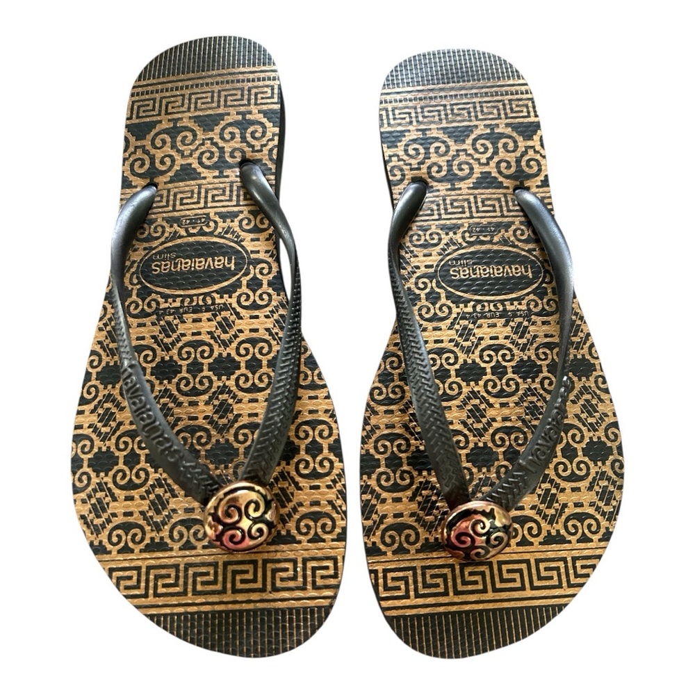 Havaianas Slim Brazilian Flip Flops Size 41-42 USA 10.5 to 12 Gold Black